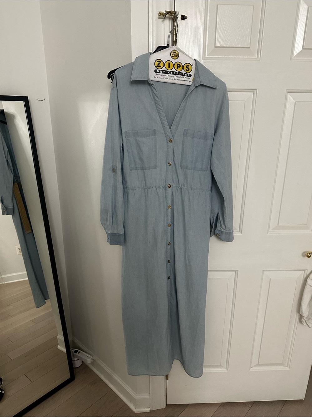 Zara Light Blue Button-Front Maxi Shirt Dress